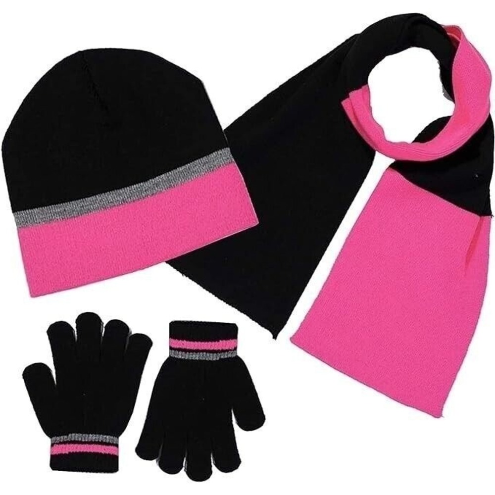 Girls Winter Beanie Scarf and Gloves 3 Piece Set Black Hot Pink Big Kids New